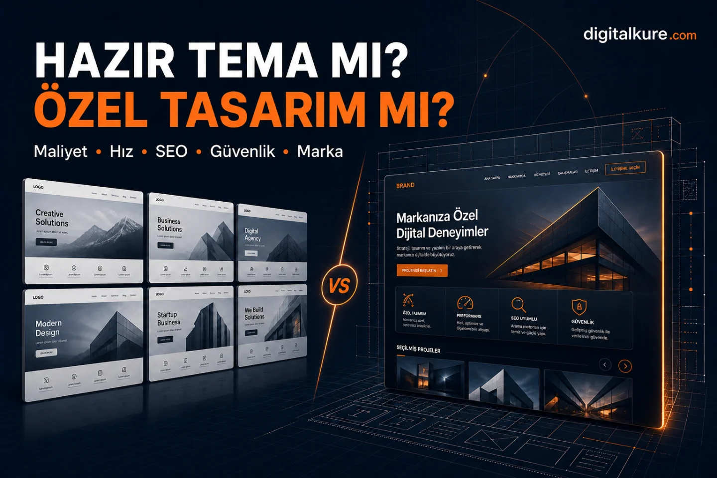 Hazır tema ile özel web tasarımın maliyet, hız, SEO, güvenlik ve marka açısından karşılaştırması