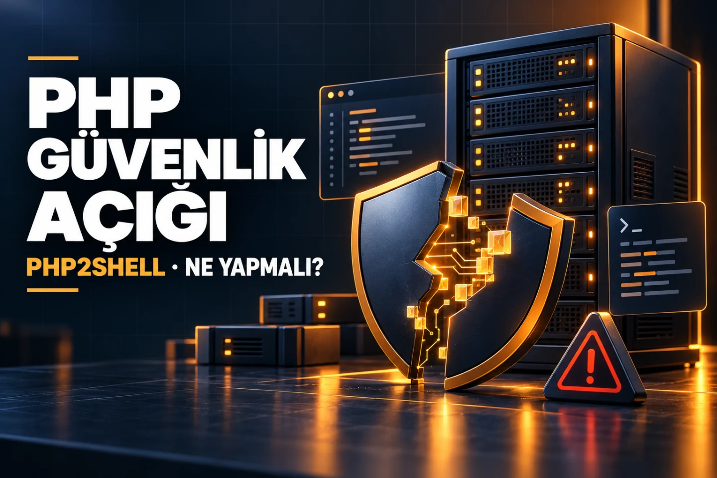 PHP2Shell güvenlik açığı: kırılan kalkan ve sunucu görseli