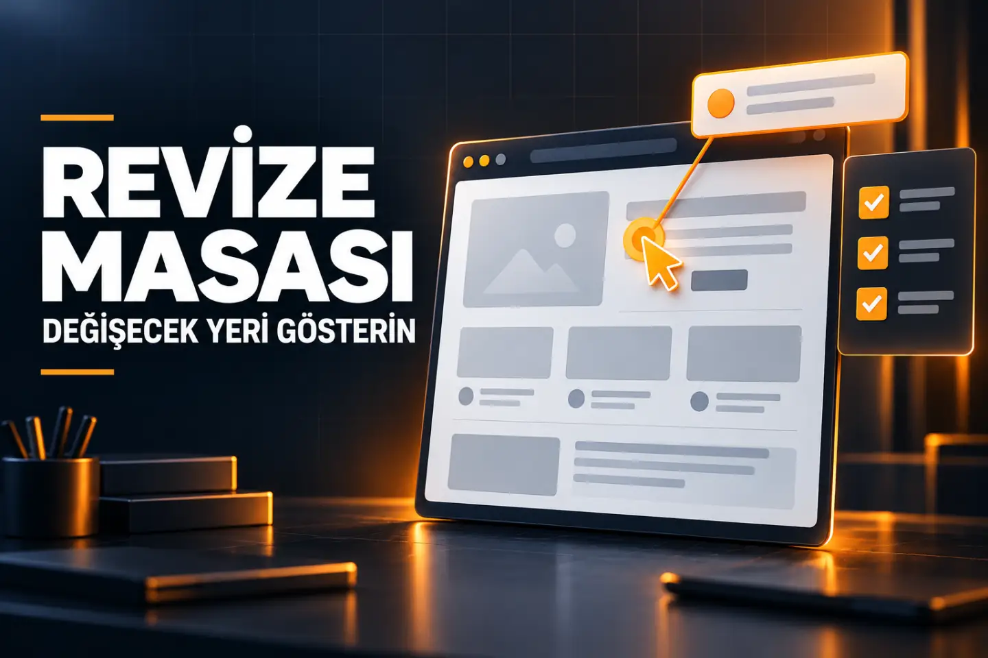 Revize Masası: web sayfası taslağı üzerinde işaretlenmiş alan ve not balonu
