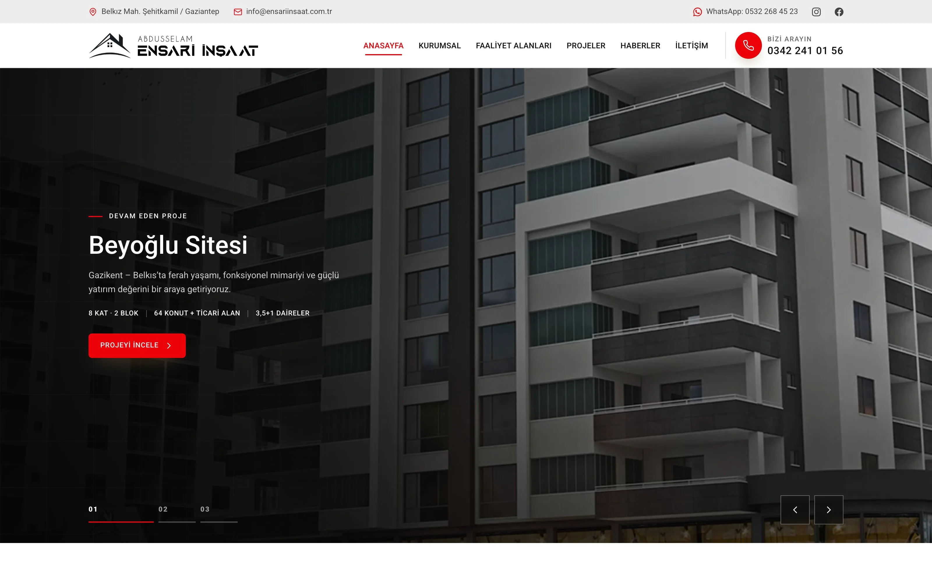Ensari İnşaat web sitesi ekran görüntüsü