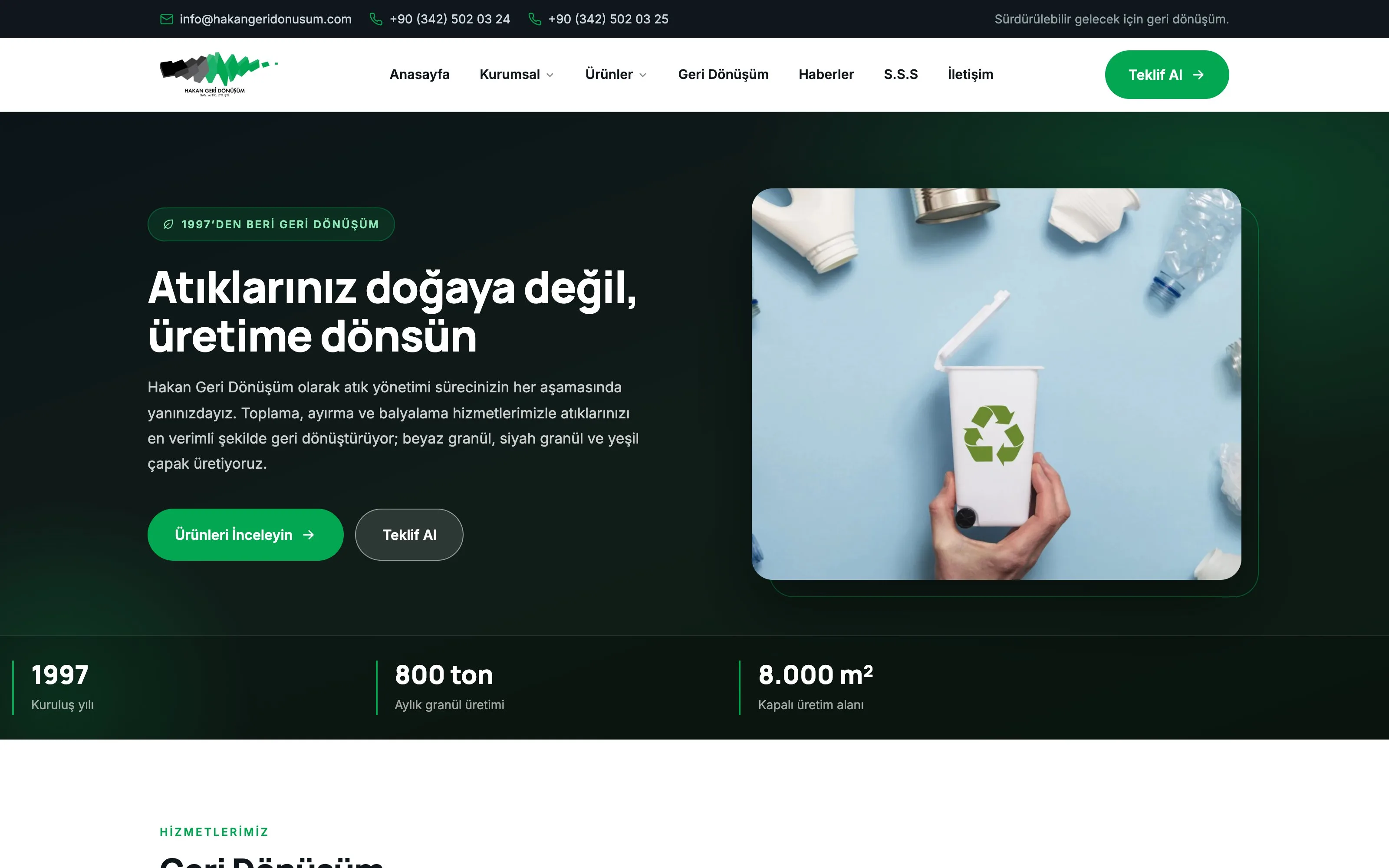 Hakan Geri Dönüşüm web sitesi ekran görüntüsü