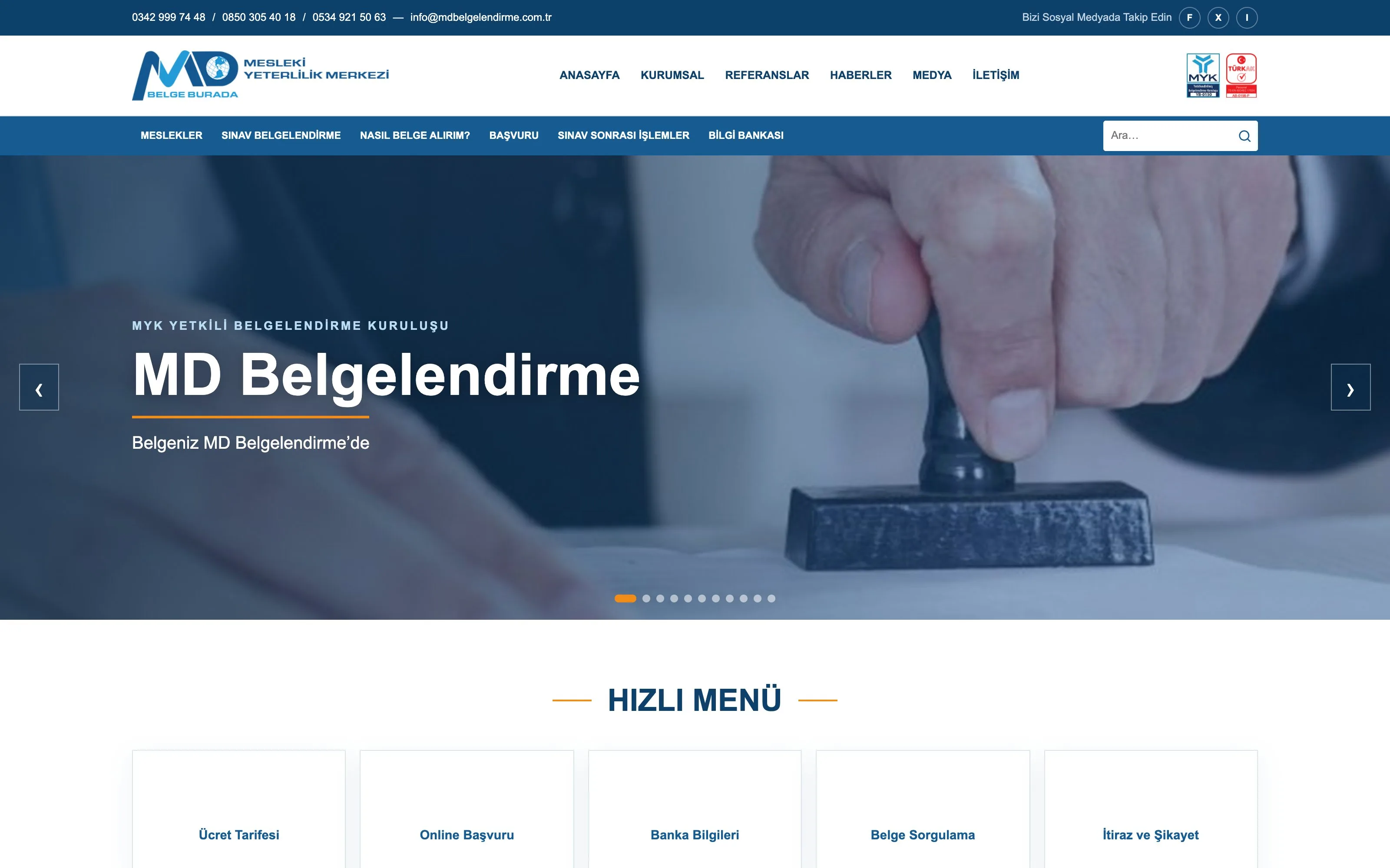 MD Belgelendirme web sitesi ekran görüntüsü