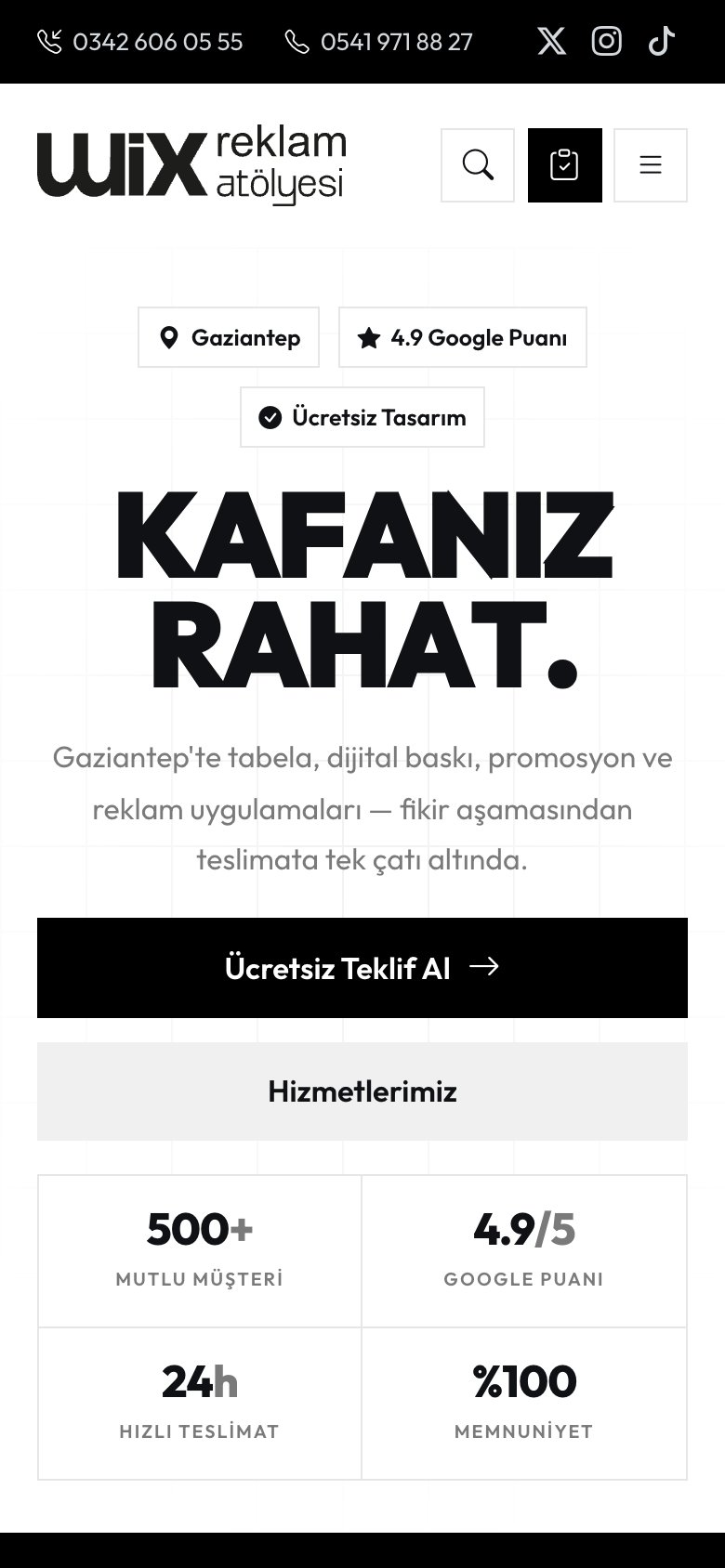 Wix Reklam — mobil görünüm
